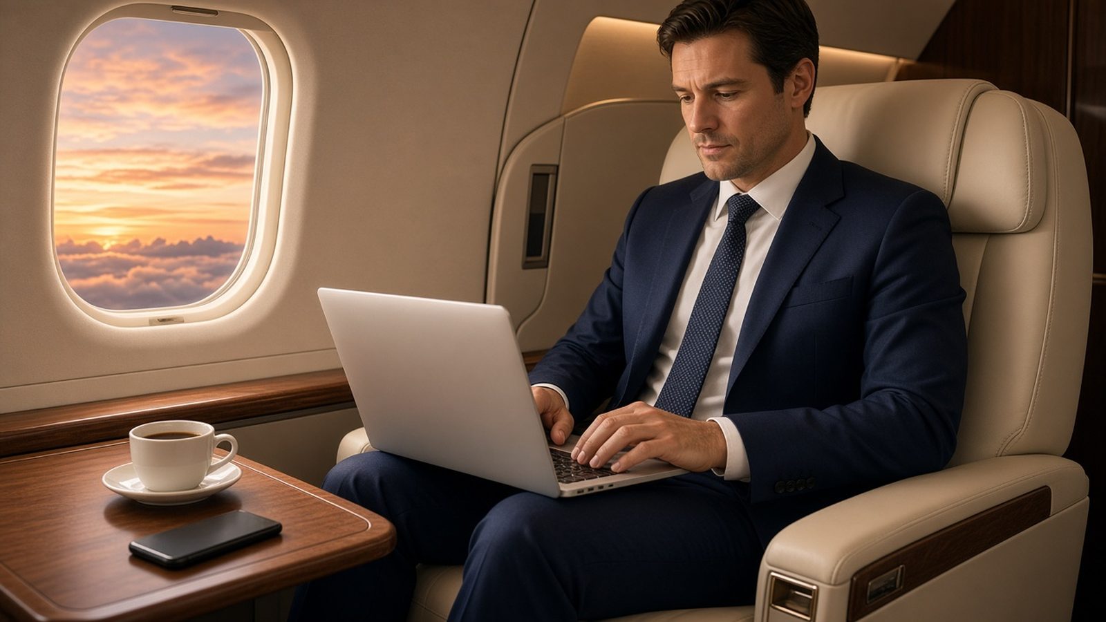 Executive working on a laptop in a private cabin at sunset