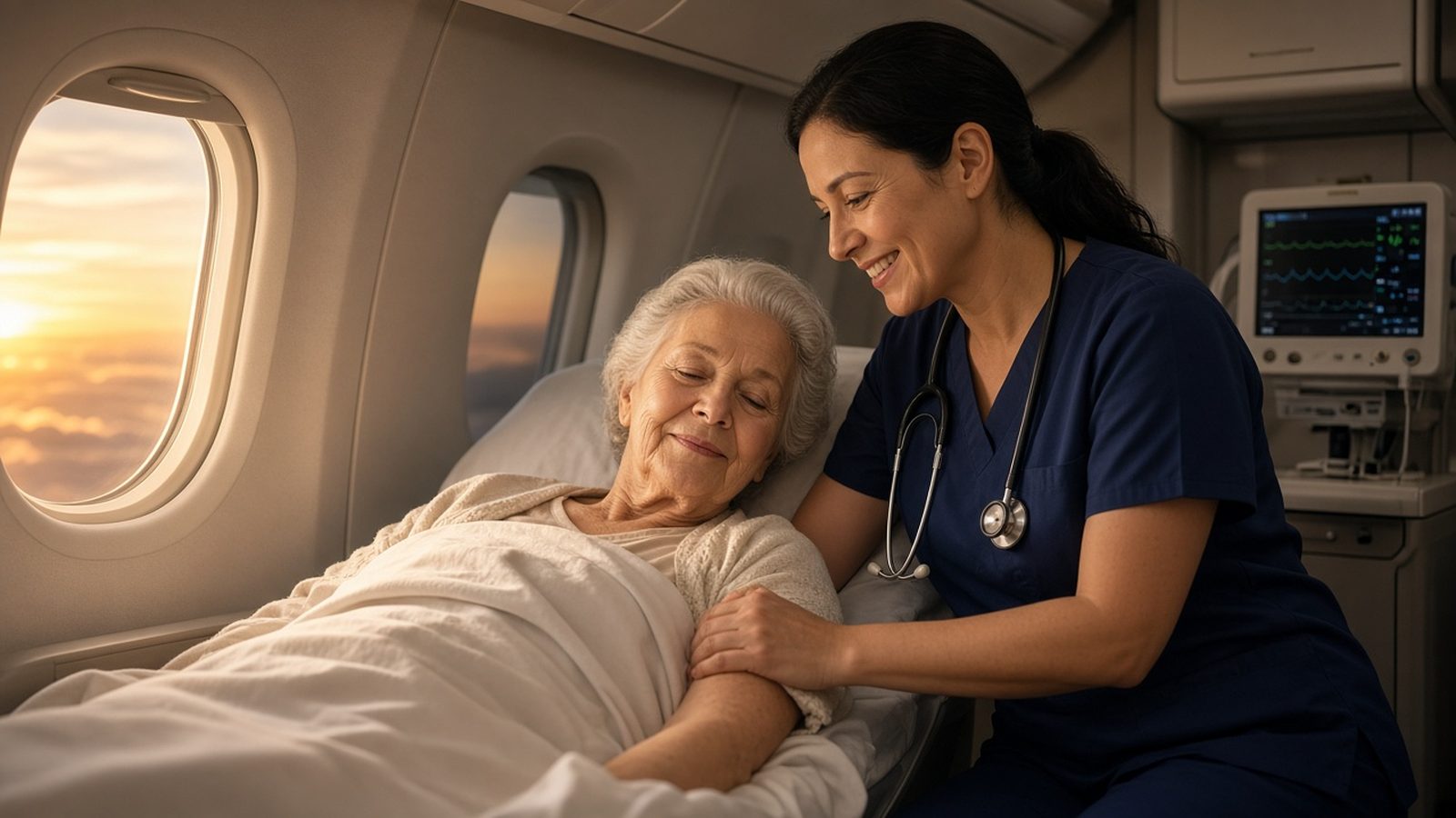 Nurse caring for a smiling patient in an aircraft cabin